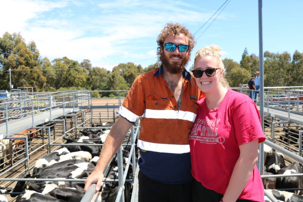 Ben Harris and Hannah Greene, Yarloop, came to the Elders Boyanup cattle sale to get a handle on current values before buying in the future