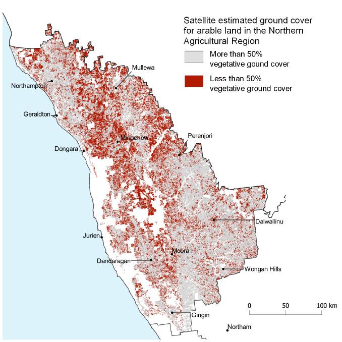p Satellite estimated ground cover for arable land in the Northern Agricultural Region. Photo by DPIRD.
