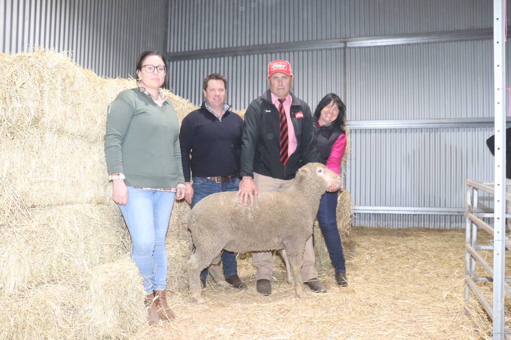 Top-price buyers Francesca and Campbell Lawrie are pictured with their $4600 Prime SAMM ram and Elders Mt Barker representative Dean Wallinger and Royston stud co-principal Sandy Forbes.