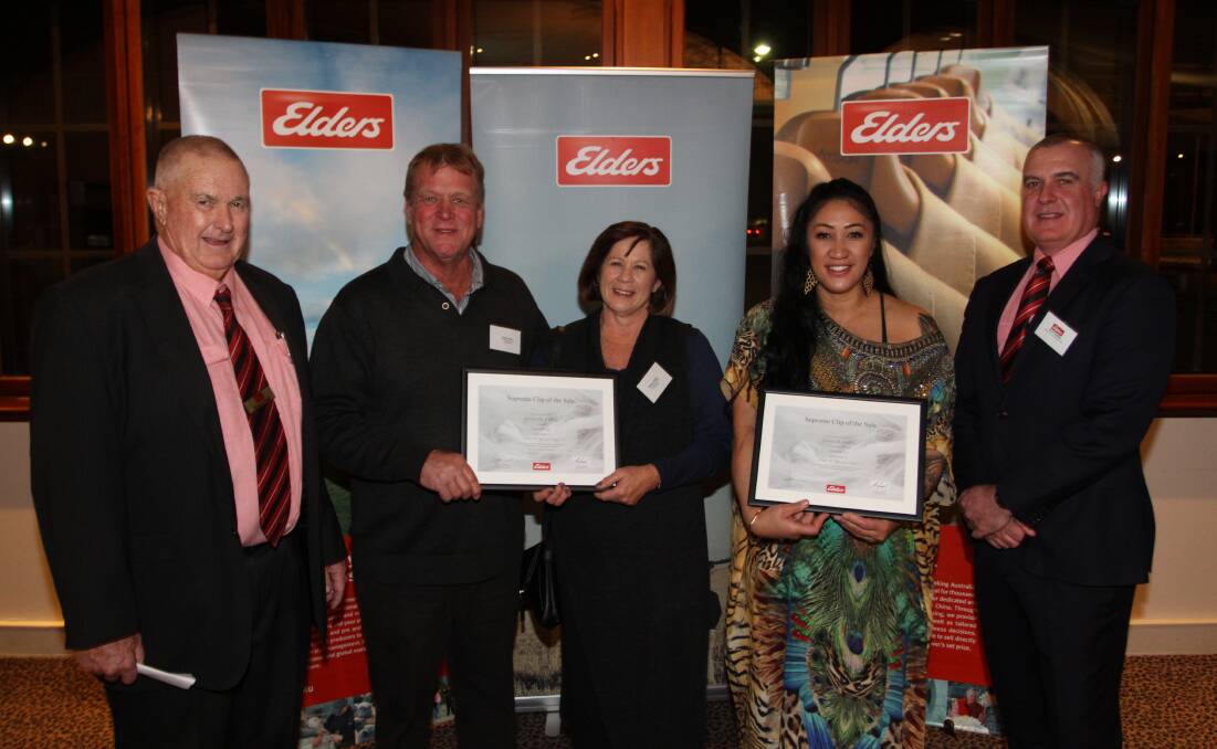 Elders district wool manager Russell Wood (left), Brett and Sharon Jones, Ejanding stud, Dowerin, classer Janelle Hauiti, York and Elders WA State general manager Nick Fazekas, celebrated the Jones family winning the Supreme Clip of the Sale award for sale F36.