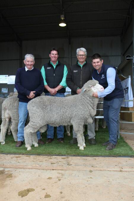 Wiringa Park stud classer Philip Russell (left), sale auctioneer and Wiringa Park livestock agent Mark Warren, Peter Moore, Nutrien Livestock, Williams, who purchased the second top-priced ram at $9600 on behalf of the Haddrick family's Toorackie stud, Williams and Wiringa Park stud co-principal Allan Hobley.