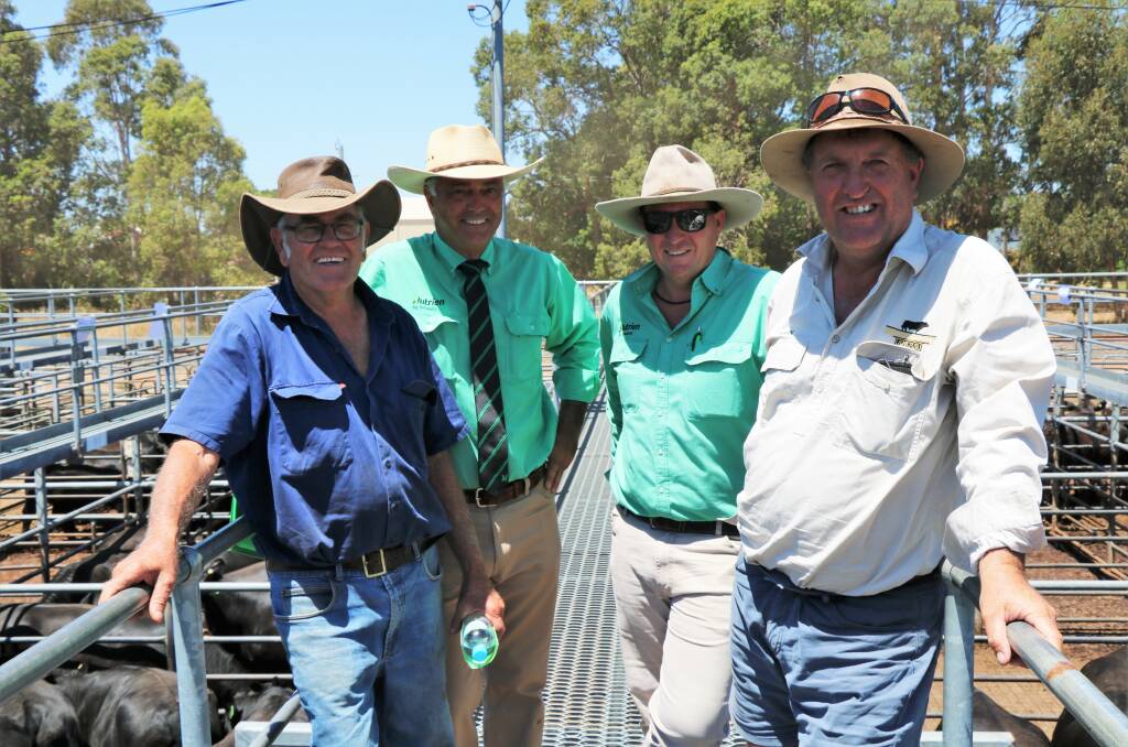 Smiling after the sale were equal top price Angus vendors, Ed Russell (left), Bridgetown and Mark Muir, (right), Manjimup. With them discussing the results were Nutrien Livestock State manager Leon Giglia and Nutrien Livestock, Bridgetown agent Ben Cooper, Cooper Agencies.