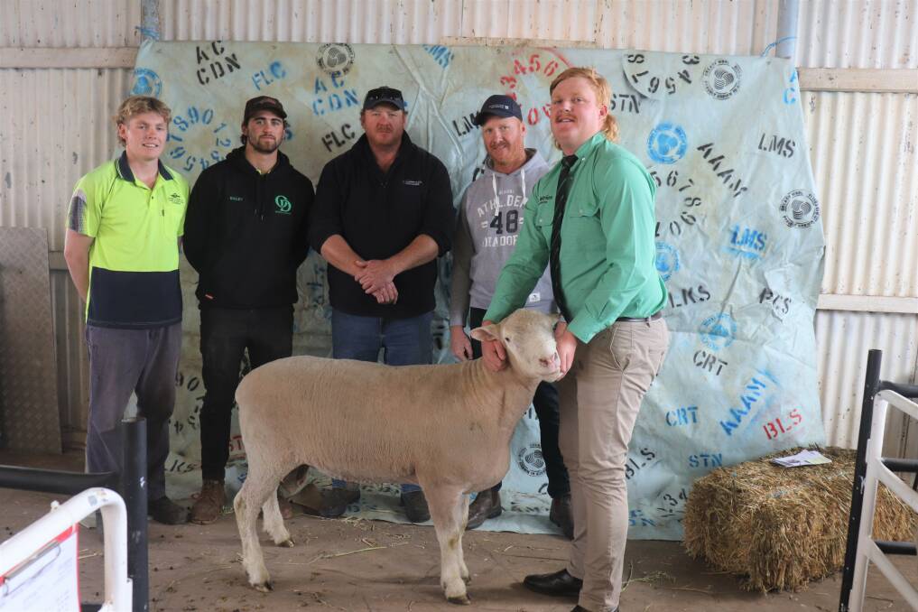 With the equal $900 top-priced Poll Dorset ram from the WA College of Agriculture, Cunderdin, were college student Oliver McLeary (left), equal top price buyers Bailey O'Driscoll, Grass Valley, Todd and Matthew Jasper, Cunderdin and Nutrien Livestock's Jake Finlayson.