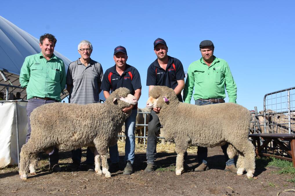 Prices hit a high of $7500 three times at the Manunda on-property Poll Merino ram sale at Tammin on Monday. With two of the rams to make the top price which sold to the Beech family, Rothbury stud, Tenterden and the Hooper family, CJ & AR Hooper, Merredin, were Nutrien Livestock Breeding representative Mitchell Crosby (left), buyer Norm Beech, Manunda's Scott and Luke Button and Nutrien Livestock, Merredin agent Aaron Caldwell, Livestock & Land, who assisted the Hoopers with their purchase.