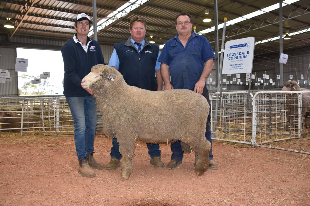 With the $3700 top-priced Lewisdale-Corrigin ram at Eastville, Lewisdale-Corrigin and Wanjalonar ram sale hosted by the Ledwith family at Dudinin were stud principal Luke Ledwith (left), Westcoast Wool & Livestock WA sheep manager Lincon Gangell and buyer Kim Stephen, KA & CM Stephen, Moorine Rock