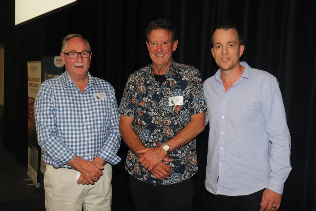 Nutrien Ag Solutions regional key account manager Steve Wright (left), with West Coast Poly sales manager Chad Southcott (right) and Coorow grower Rod Birch, who won a liquid nitrogen tank donated by West Coast Poly as a door prize.