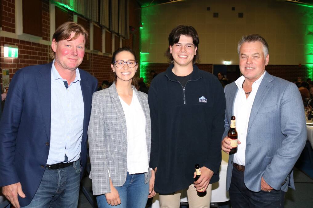 WAFarmers livestock section president and Cattle Council of Australia representative Geoff Pearson (left), Narembeen farmer and WAFarmers board member Jessie Davis and Harrison and his father Michael Partridge, a WAFarmers board member, Brunswick, caught up during dinner.