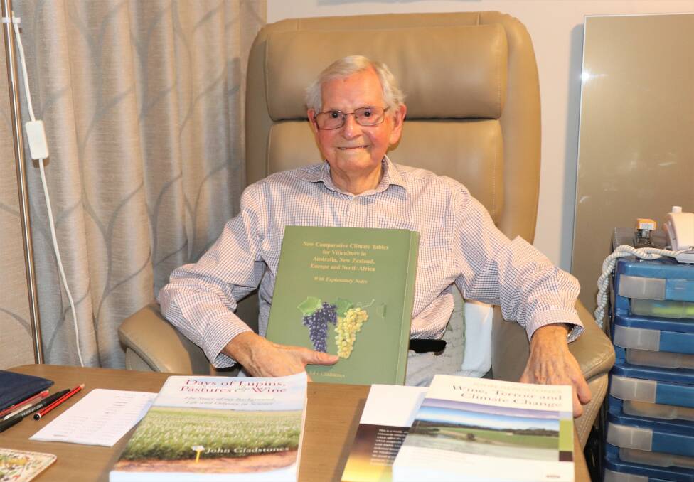 Recognised as a lupins pioneer and instrumental in Margaret River being recognised as a wine region, Dr John Gladstones, 90, was made an Officer in the General Division of the Order of Australia for distinguished service to primary industry, particularly agriculture and viticulture and as an author. He is holding a copy of his latest book comparing wine region climate data, which was released just last year.