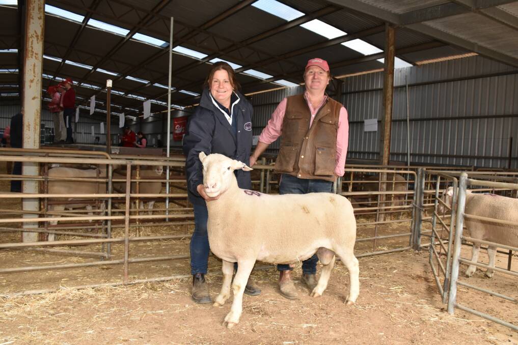 Ida Vale co-studmaster Tamesha Gardner holds the $4000 top price White Suffolk ram at last week's sale at Kojonup. With her is Elders Albany representative Nigel Hawkes who also bought a second ram for $2000 on behalf buyer Baboo Pty Ltd, Green Range.