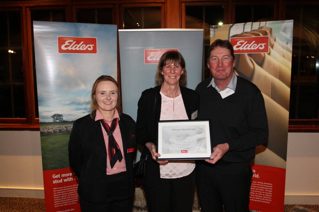 The Supreme Clip of the Sale award for sale F39 was awarded to Debra and Wayne Smith, Northam, congratulating them on their win was Elders district wool manager Breanna Hayes (left).