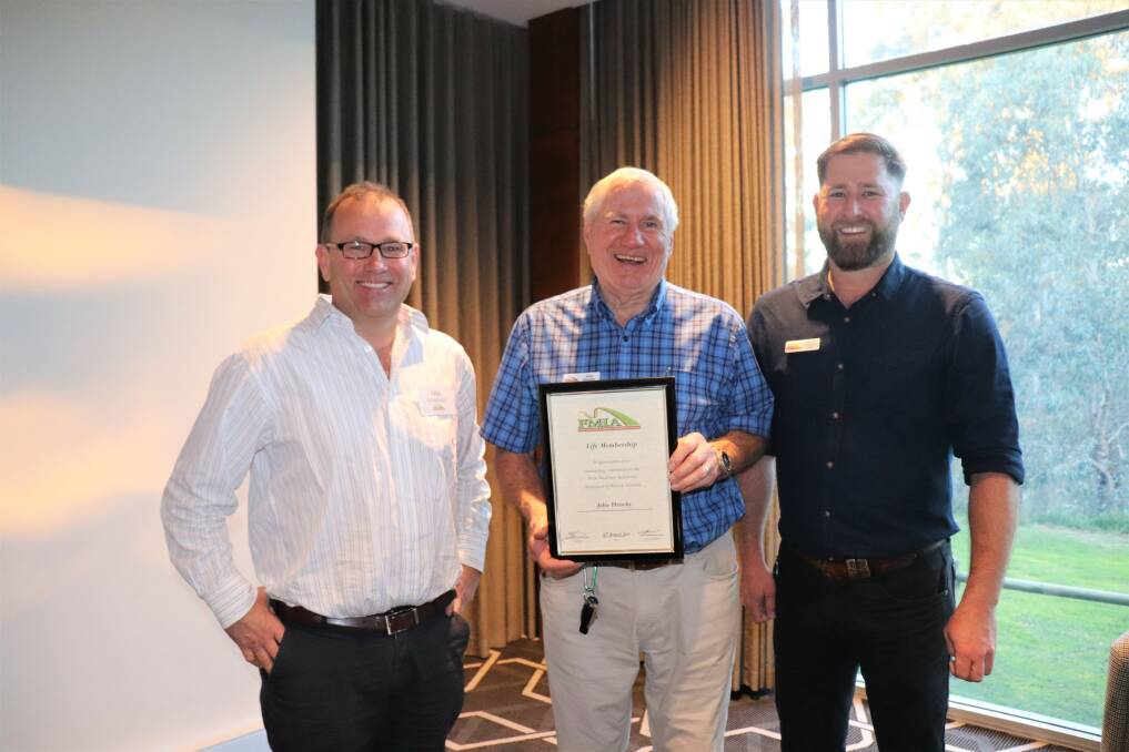 John Henchy (centre), executive officer of the Farm Machinery and Industry Association (FM&IA) of WA for the past 14 years, was made a life member of the organisation at its annual meeting. Mr Henchy is flanked by re-elected FM&IA of WA chairman Brad Forrester (right) and re-elected deputy chairman Tim Boekeman.