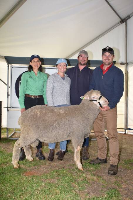 With the $7500 second top-priced ram purchased by Glenkeith Grazing Co, Kojonup, were Nutrien Ag Solutions animal production specialist Courtenay Bombara (left), buyers Sophie and Kyal Wellstead and Moojepin co-principal Hamish Thompson.