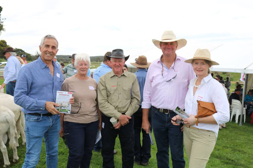 SheepMaster group chairman Tim Clarke (left), Perth, with Mogumber Plains stud principals Liz and Peter Williams, Mogumber and Richard Sharpe and Bernadette Binnie, Winton Park SheepMasters, Tamworth, NSW.