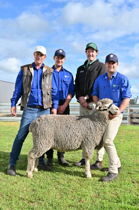 The Thompson family, Moojepin stud, Katanning, sold the second top-priced Merino/Poll Merino ram and the top-priced ram at a single vendor Merino/Poll Merino ram sale when it sold this two-tooth Poll Merino for a new stud sale record top price of $37,000 at the stud's annual on-property ram sale at Katanning to Nigel Kerin, Kerin Poll Merino stud, Yeoval, NSW. With the ram were Moojepin stud co-principal David Thompson (left), farm hand Bodean Morton, Nutrien Livestock auctioneer Michael Altus and Moojepin stud co-principal Hamish Thompson.