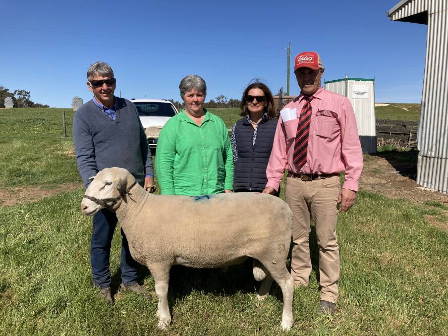 With the $3600 top-priced ram at last weeks Brimfield on-property sale at Kendenup, which was a White Suffolk that sold to AT & JI Watterson & Son, Tenterden, were Brimfield stud co-principal Max Whyte (left), buyer Nerida Watterson, Brimfield stud co-principal Gail Cremasco and Elders Mt Barker representative Dean Wallinger.