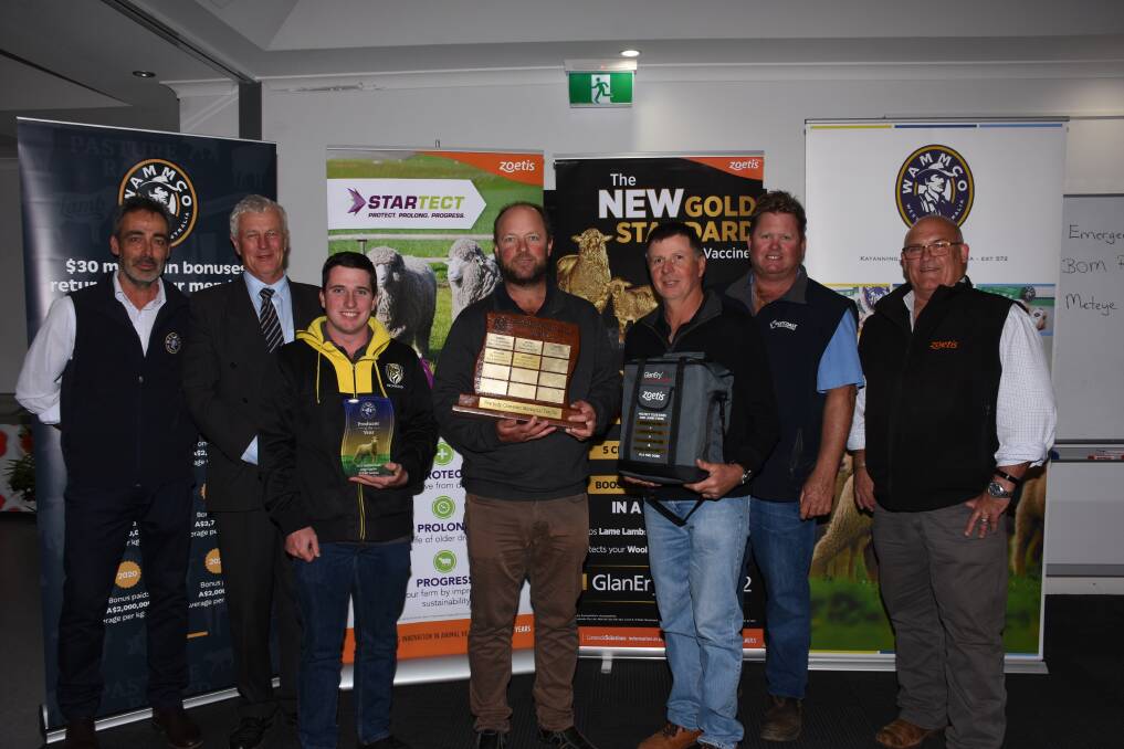 The Lucchesi family, SD & MT Lucchesi, Kulin, won this year's WAMMCO Producer of the Year award after taking out the large crossbred supplier category. Celebrating the family's win were WAMMCO supply and development manager Rob Davidson (left), WAMMCO chairman Craig Heggaton, George Rowe, Michael Lucchesi, Paul Bailey, all from the Kulin enterprise, Westcoast Wool & Livestock Hyden agent Lincon Gangell and Zoetis representative Ben Fletcher. Zoetis was a supporter of the awards.