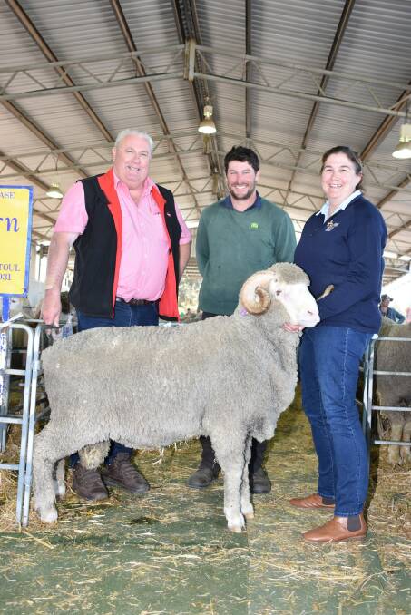 Prices in the offering of rams from the Rintoul family's Auburn Valley stud, Williams, hit $2900 twice. With one of the rams to sell at this value were Elders stud stock representative Kevin Broad (left), buyer Glenn Smith, Wongamine Grazing, Northam and Auburn Valley's Brooke Rintoul.