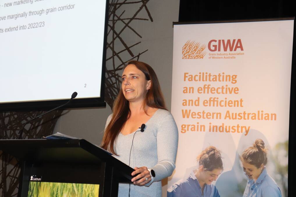 CBH Groups marketing and trading division head of chartering, Pia van Wyngaard, addressing the GIWA annual forum.