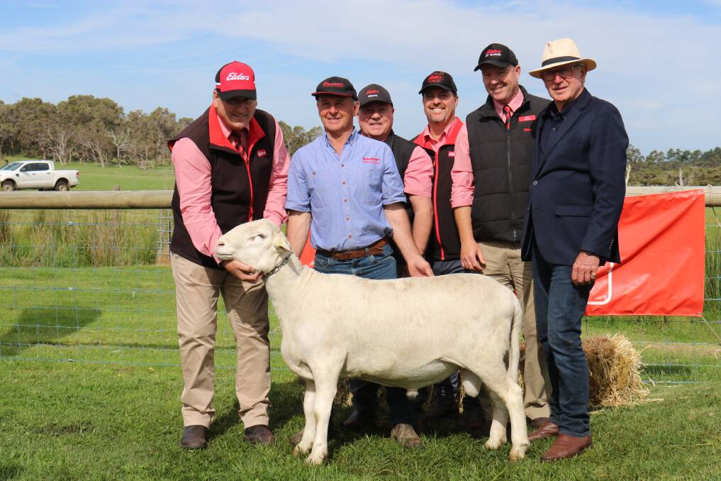 Elders stud stock manager Tim Spicer (left), holds the $105,000 second top-priced ram bought through AuctionsPlus by a buyer from Merton, Victoria, with Garnett SheepMaster parent studs Brian Bud Prater, Elleker, Elders Albany manager Peter Hassell, Elders auctioneer Nathan King, Elders southern district wool manager Travis King and Garnett SheepMaster parent stud principal Neil Garnett.