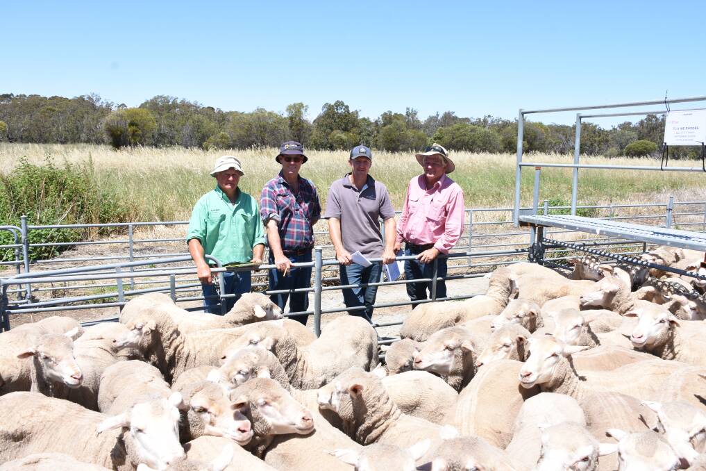 With the $244 top-priced line of ewes at last week's Nutrien Livestock Narrogin ewe and wether lamb sale offered by the Rhodes family, TJ & ME Rhodes & Sons, Highbury, were Nutrien Livestock, Narrogin agent Ashley Lock (left), vendor Bernie Rhodes, buyer Wes Lavender, Lavender Farm Co, Williams and Elders, Williams agent Graeme Alexander, who helped Mr Lavender purchase the ewes. The genuine line of 410 4.5-year-old ewes were September shorn and based on Hyfield bloodlines.