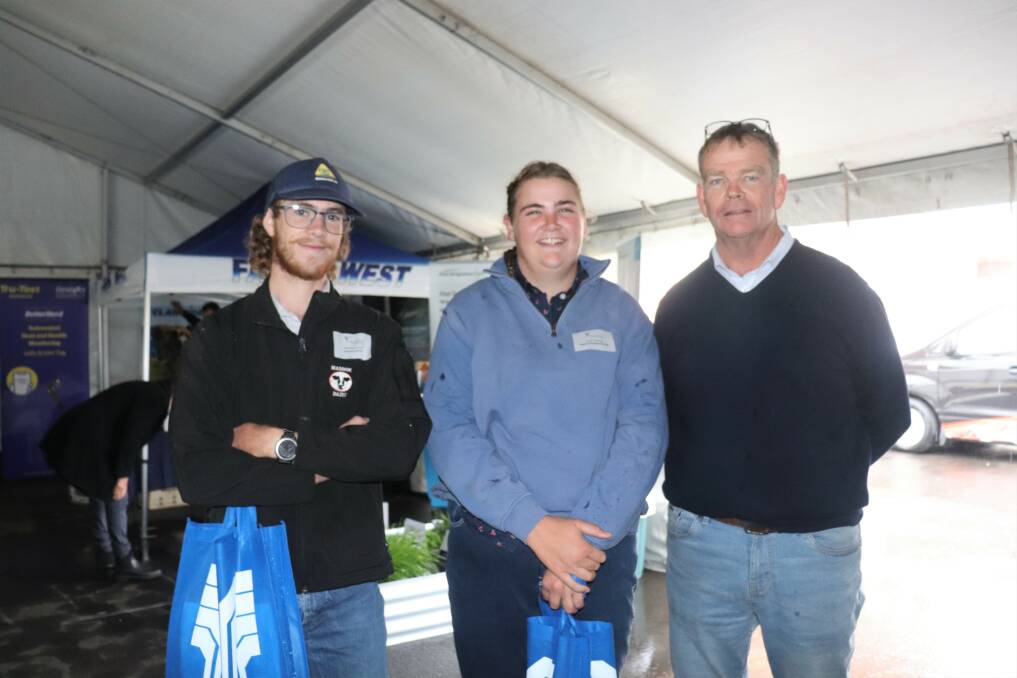 Brendan Evans (left), who works for Neville and Elaine Haddon, Sabina River, Emily Tolland who works for the Negus family at Tutunup and Western Dairy chairman and Busselton dairy farmer Robin Lammie.