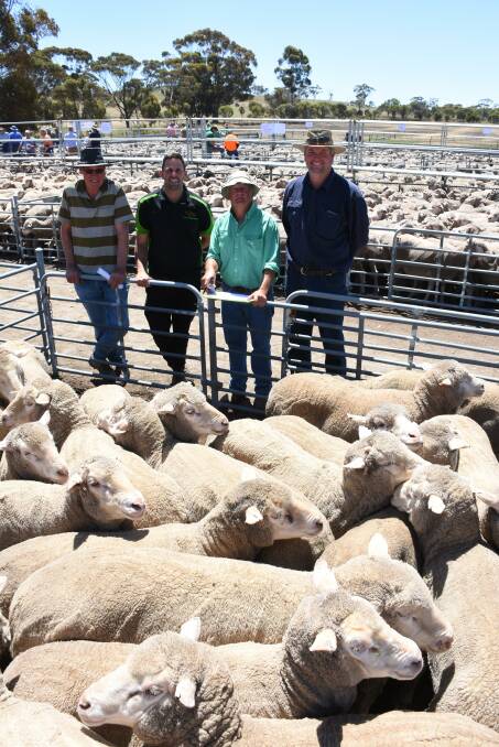 This line of 318 August shorn, Navanvale blood, 4.5yo ewes sold for the sale's $232 second top price. With the line were vendor Murray Ward (left) RJ Rowe & Co, Boundain, Navanvale co-principal Mitchell Hogg, Williams, Nutrien Livestock, Narrogin agent Ashley Lock and buyer John Eckersley, RA & JM Eckersley, Narrogin.