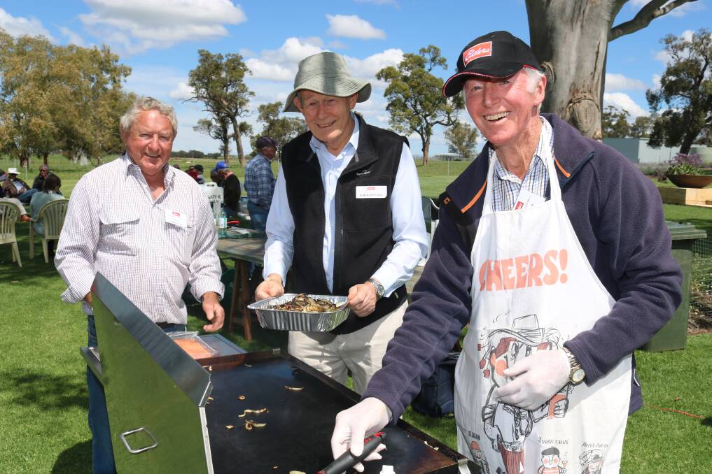 Lynton Symington (left), Willetton, EPEA secretary Derek Downing, Forrestfield and committee member Bob Peake, Atwell, manned the barbecue.