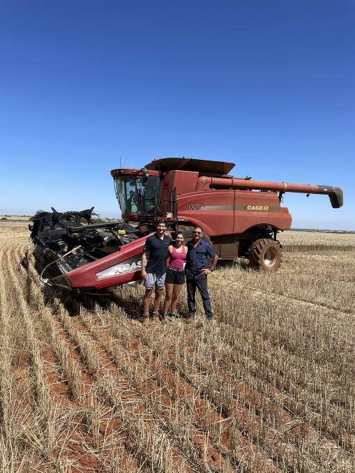 Brother and sister Aidan (left) and Danielle Tropiano have returned to the family farm at Mullewa to help dad Tony Tropiano with harvest. They are expecting some of their best yields ever this season.