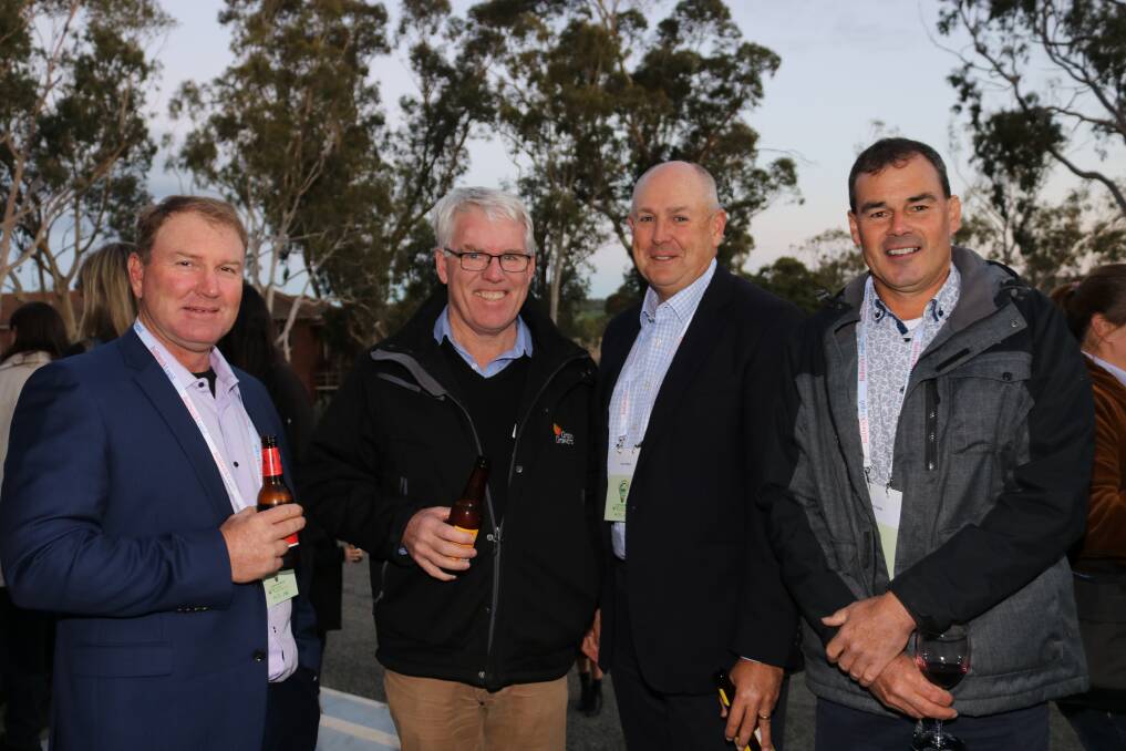 Catching up after a successful first day of the WAFarmers conference at Muresk were WAFarmers vice-president Steve McGuire (left), Kojonup, GrainGrowers region co-ordinator Alan Meldrum, Perth, Synergy Consulting agronomist Chris Wilkins, Badgingarra and GrainGrowers director and WAFarmers immediate past president Rhys Turton, York.