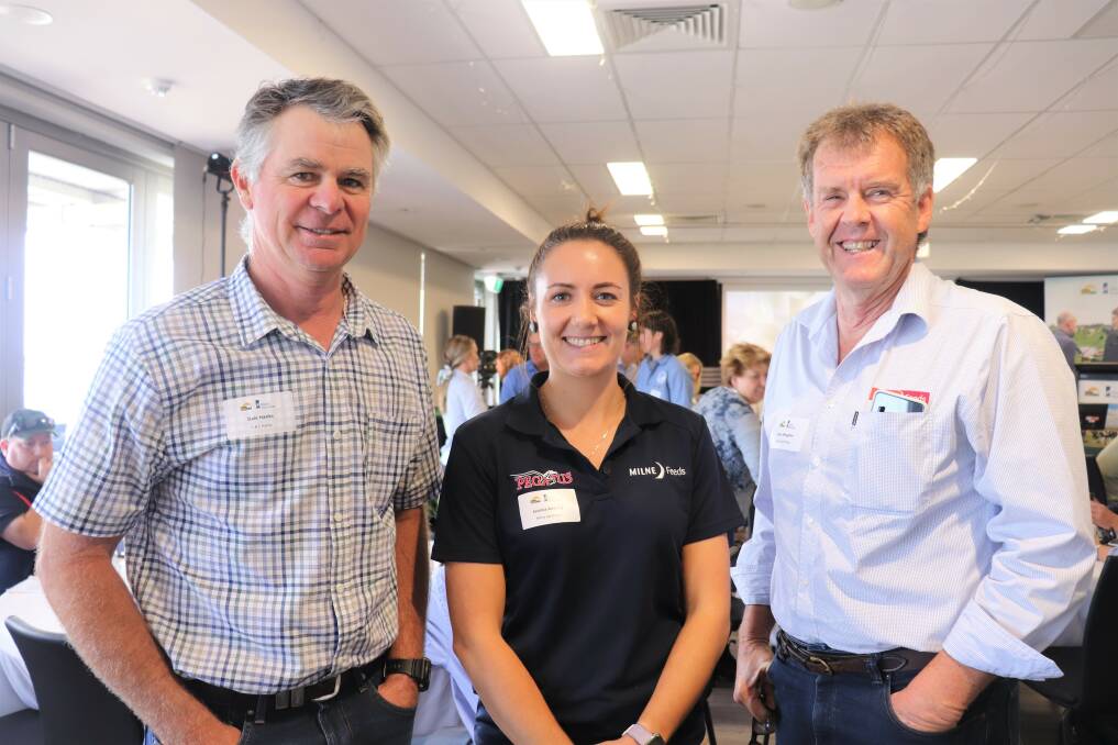 Harvey dairy farmer Dale Hanks (left), with Milne Feeds representatives Jess Andony, a former Western Dairy extension officer and Dean Maughan, Milne Feeds sales manager.