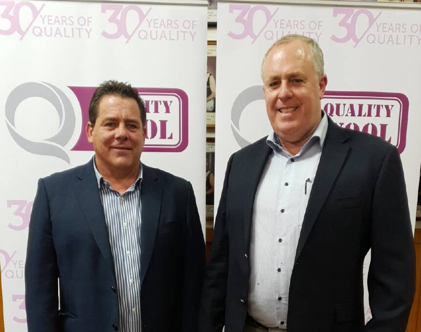 Quality Wool managing director Mark Dyson (right) with Thomas Food International livestock manager Paul Leonard during a 30th anniversary function for Quality Wool with growers at Jamestown in South Australia.