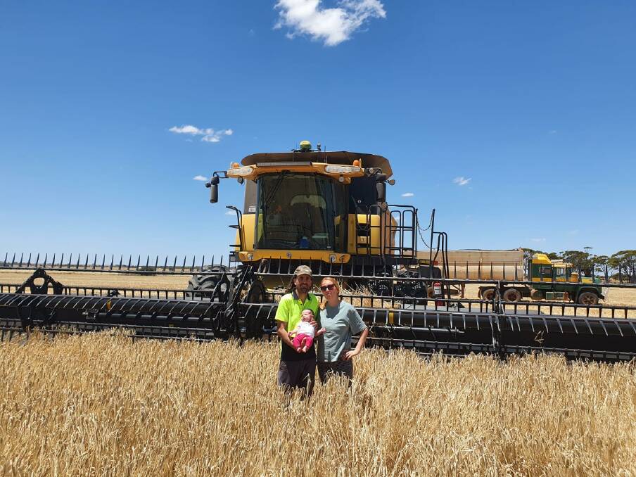 At Careema Farms, Kondinin, barley harvest has finished with above average yields and the focus is now on wheat and lupins. Here Beau and Carla Repacholi are with daughter Ava Miriam who was born at the start of November. Together they farm with parents Gary and Janet Repacholi.