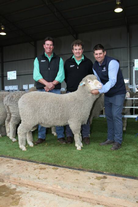 With the $10,000 top-priced ram at the annual Wiringa Park on-property ram sale at Nyabing earlier this month were sale auctioneer and Wiringa Park livestock agent Mark Warren (left), Mitchell Crosby, Nutrien Nutrien Livestock, who purchased the ram on behalf of the Johnston family's Merna stud, Quairading and Wiringa Park stud co-principal Allan Hobley.