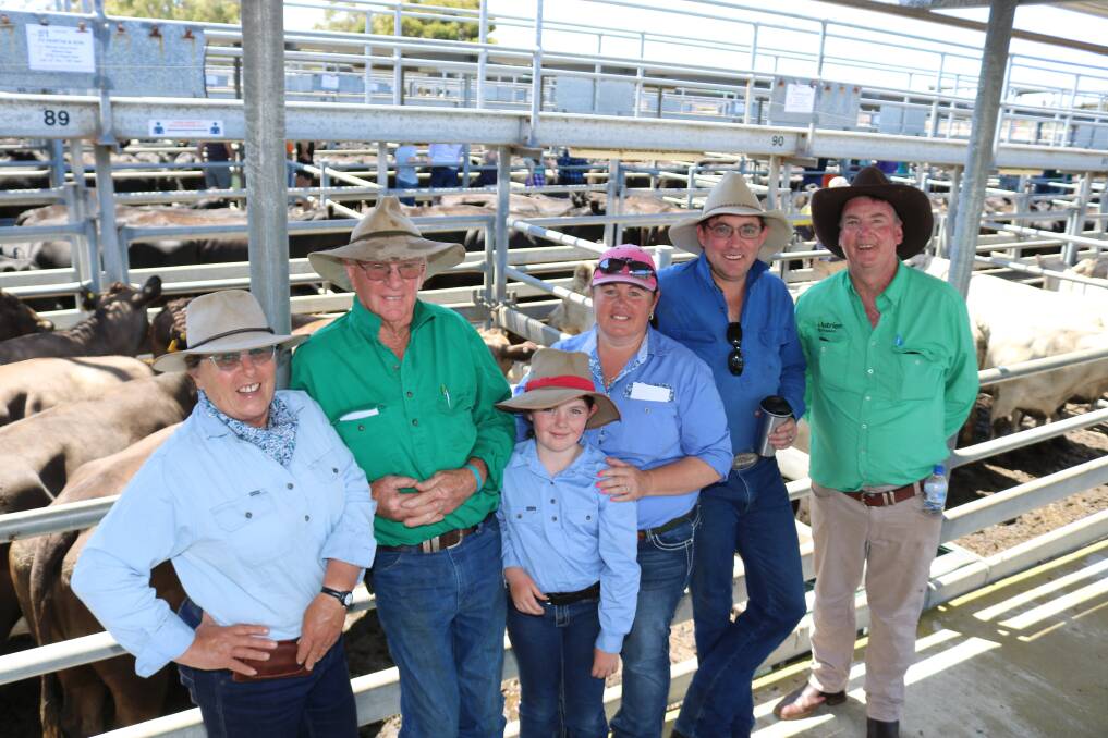 Checking out the cattle before the start of the sale were buyers Liz (left) and Graeme Frusher, G & ER Frusher and Samantha Hutton, 9, and her parents Claire and Blair Hutton, B & C Hutton, all of Narrikup, with Nutrien Livestock's Michael Lynch, Albany.