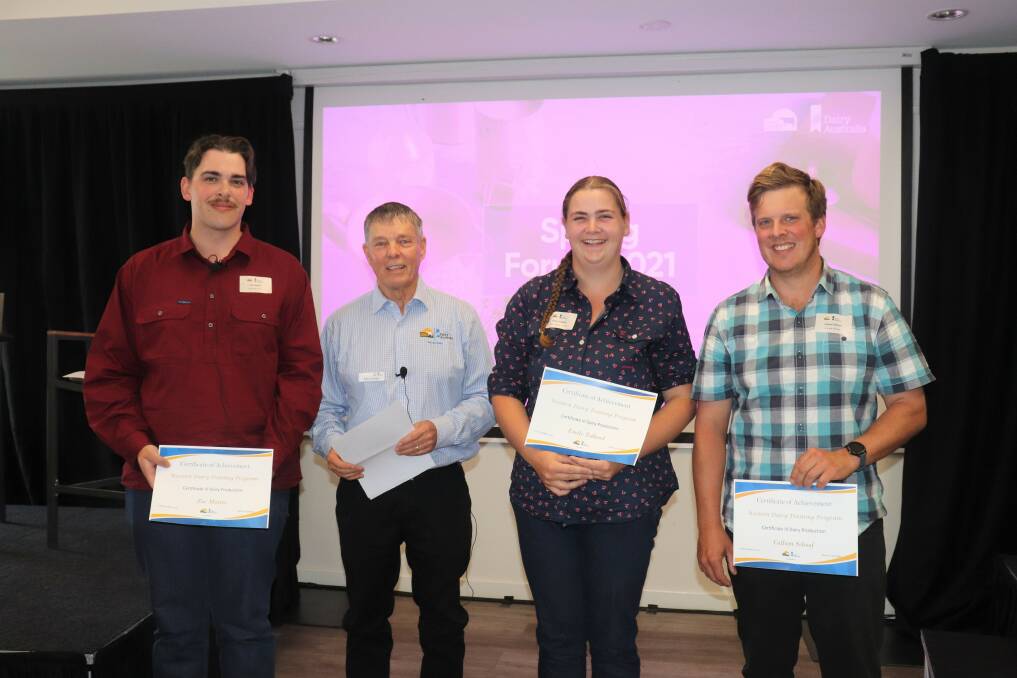 Western Dairy training program graduates Zac Morris (left), who works for KG & KM Tyrell, Waterloo, Emily Tolland, who worked for the Haddon family at Busselton while she completed the training program but now works for the Negus family at Capel, and Callum Schoof, who works for Peter and Annette Mostert, Albany, were presented with their Certificate III in Dairy Production by Western Dairy training officer Rob La Grange at the spring forum.
