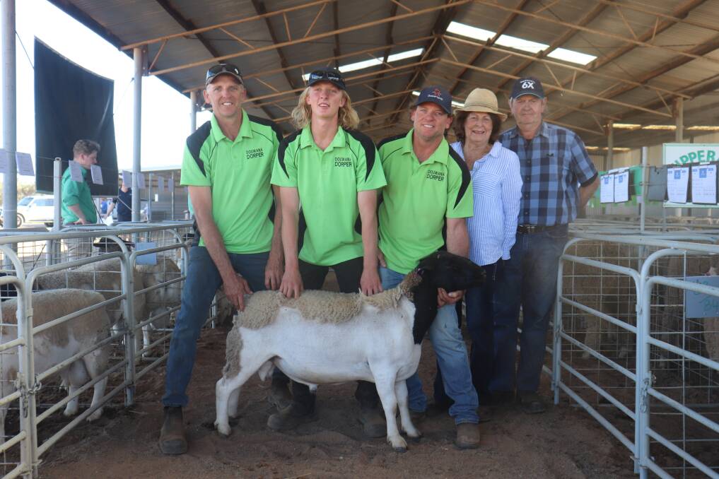 Douwana stud principals Kim (left), Denver and Jason Batten, with top price buyers Kay and Neville Frearson, Kaylor Dorper stud, Wongan Hills, with their $4200 top-priced Dorper ram of the sale at the annual Chapman Valley Breeders Ram Sale.