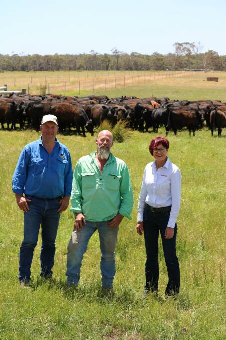 With some of the recently weaned, 2021 drop Tomasi Grazing heifers, part of the draft from which this years Karridale Keepers competition heifers will be selected were WA Angus Society vice chairperson Mark Muir (left), Manjimup, with Tomasi Grazing manager Kevin Owen, Karridale and Farm Weekly business development and sales manager Wendy Gould.