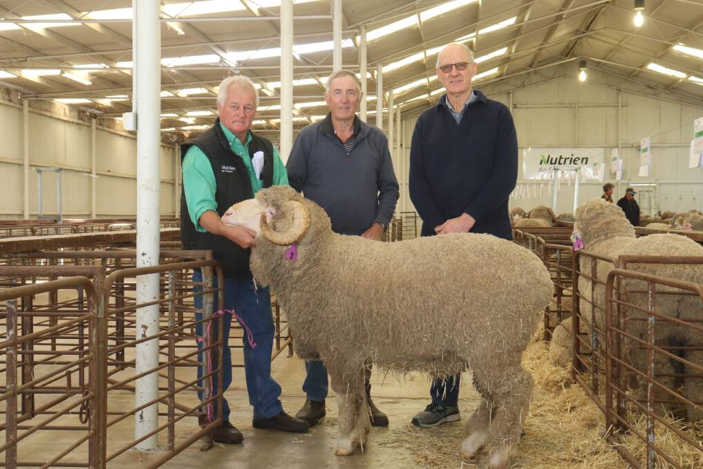 Nutrien Livestock,Narrogin agent Ashley Lock (left), Darijon stud principal Richard Chadwick and top price purchaser Gary Lorrimar, Highbury, with the $3600 top-priced ram at Narrogin last week.