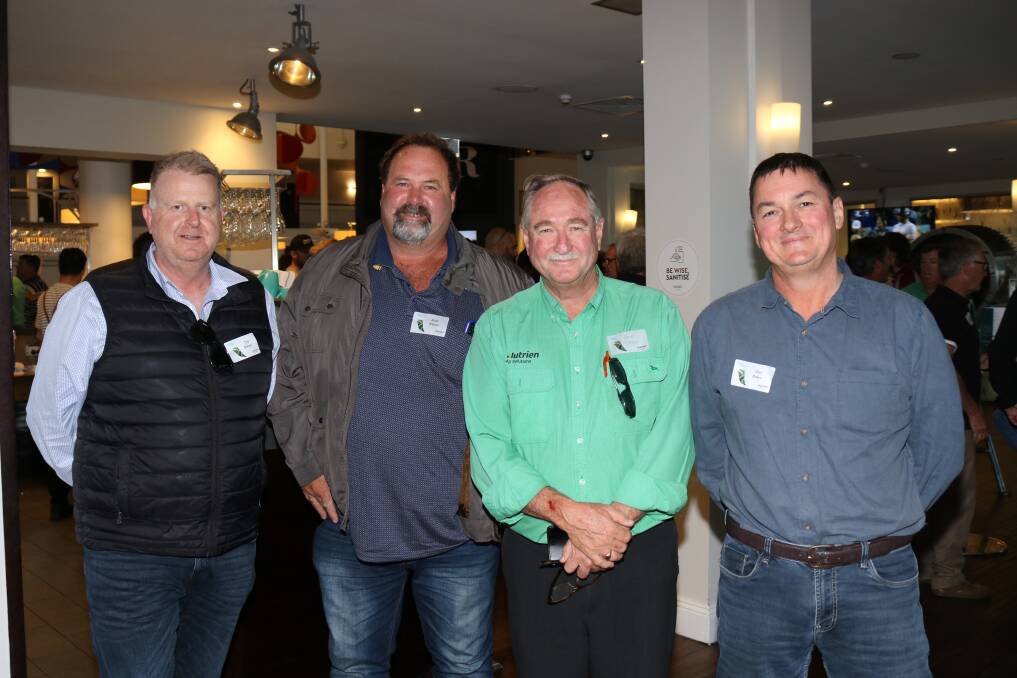 Discussing the fertiliser plant tour were Daybreak Cropping operations manager, Troy Bungey, West Perth and Chilimony Farms manager Brad Wilson, Northampton, Nutrien Ag Solutions regional key account manager Steve Wright and Viridis Ag general manager for WA, Mal Baker.
