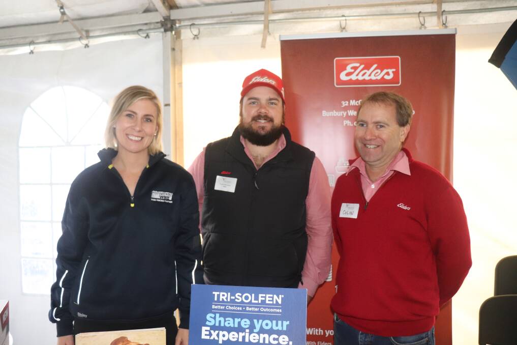 Lauren Dulguime, Southern Wire area manager, with Tristan McFarlane and Colin Goodwin, Elders Bunbury.