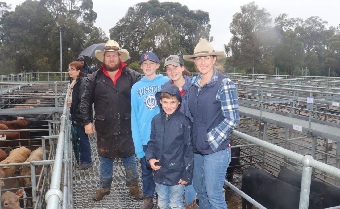 Elders, Pinjarra livestock representative, Josh Hynes (left), looking over cattle before the sale with Rustin, Caprice, Sully and Ange Roges, Millview Grazing, Coolup. In the sale, the Roges family sold steers to a high of $2622.