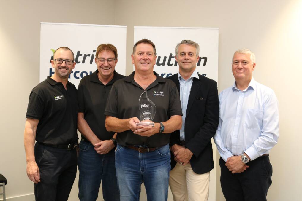 The Nutrien Harcourts gold achievement award winner for highest overall sales in 2020/21 was Brad King (centre), Geraldton, with Nutrien Ag Solutions region manager west Andrew Duperouzel (left), western region corporate and business development manager Glenn McTaggart, WA Property Lawyers director and sponsor Eden Coad and fellow sponsor, Farm Weekly general manager Trevor Emery.
