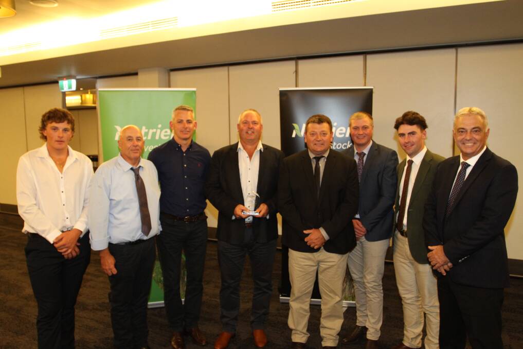 Celebrating the South West livestock team's recognition award for its work on the special beef female sale for many years were Louis Payne (left), Williams, new South West livestock manager Mark McKay, Nutrien Ag Solutions managing director Rob Clayton, Chris Waddingham, Boyanup/ Capel, Brett Chatley and Laurence Grant, Manjimup, trainee Austin Gerhardy and Nutrien Livestock State manager Leon Giglia.