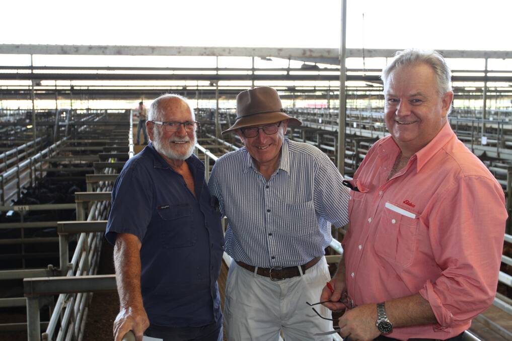 Sale vendors Rod Mitchell (left), RJ & MC Mitchell, Chidlow and George Gifford, GA & SA Gifford, Gingin, caught up with Geoff Shipp, Elders Gingin, before the sale.