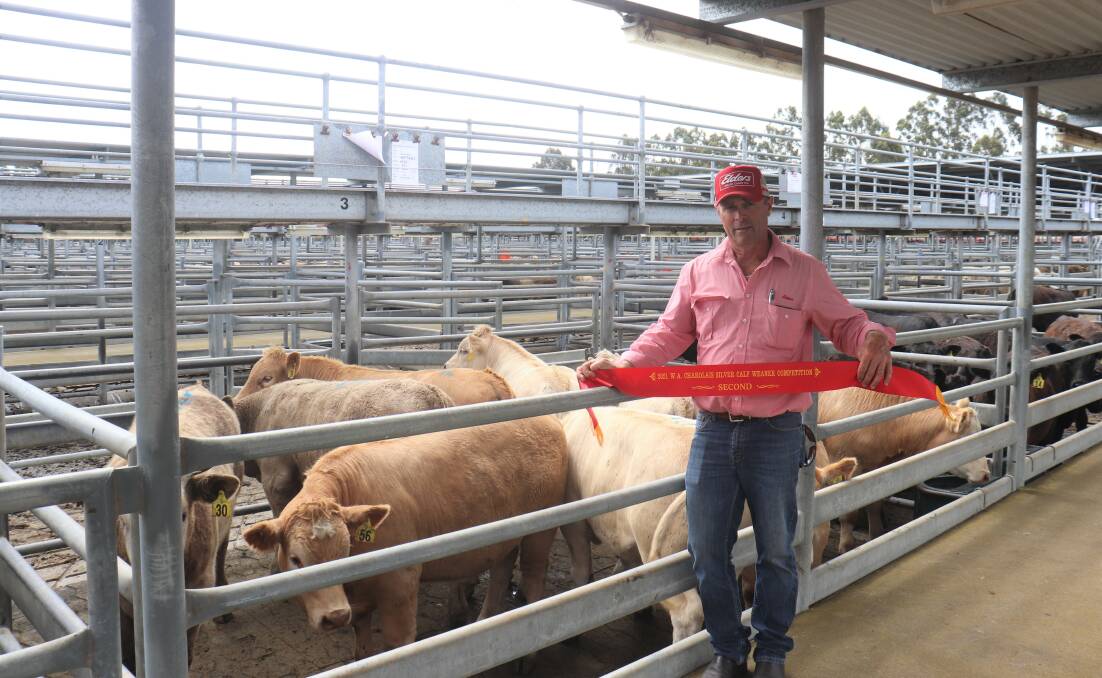 Elders Dean Wallinger with the second placed pen of Charolais steers. The pen consisted of 10 Charolais weaner steers offered by Talawa Grazing Company averaging 410.5kg and sold at 556c/kg and $2282.