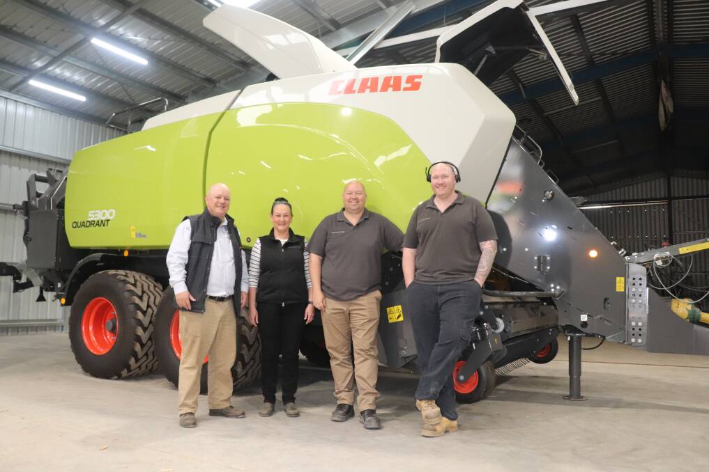 Some of the CLAAS Harvest Centre Northam team in their new service workshop which trebles the size of undercover area for pre-delivery servicing and servicing and repair of customers machines, which is expected to significantly reduce turnaround times. Pictured are sales representative Melvyn Parnell (left), administration manager Bel Marsh, service manager Morné Stain and parts manager Travis Bell who was monitoring inbound phone calls.