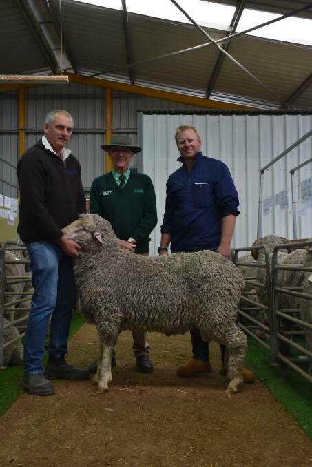 Prices peaked at $4000 twice for Poll Merino sires from the Wattle Dale stud, Scaddan, at the Esperance Breeders' Ram Sale. With the first ram to hit $4000 were Wattle Dale stud principal David Vandenberghe (left), Nutrien Livestock auctioneer Neil Brindley and buyer Josh Sullivan, JC & TB Sullivan, Gibson.