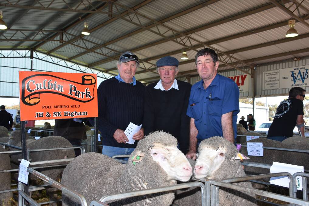 The Higham family's Culbin Park stud, Williams, offered its final draft of rams in the Williams Breeders' ram sale last week. With stud principal John Higham (centre) after the sale were long term clients Brian Liddelow (left), Williams and Cliff Hall, Williams.