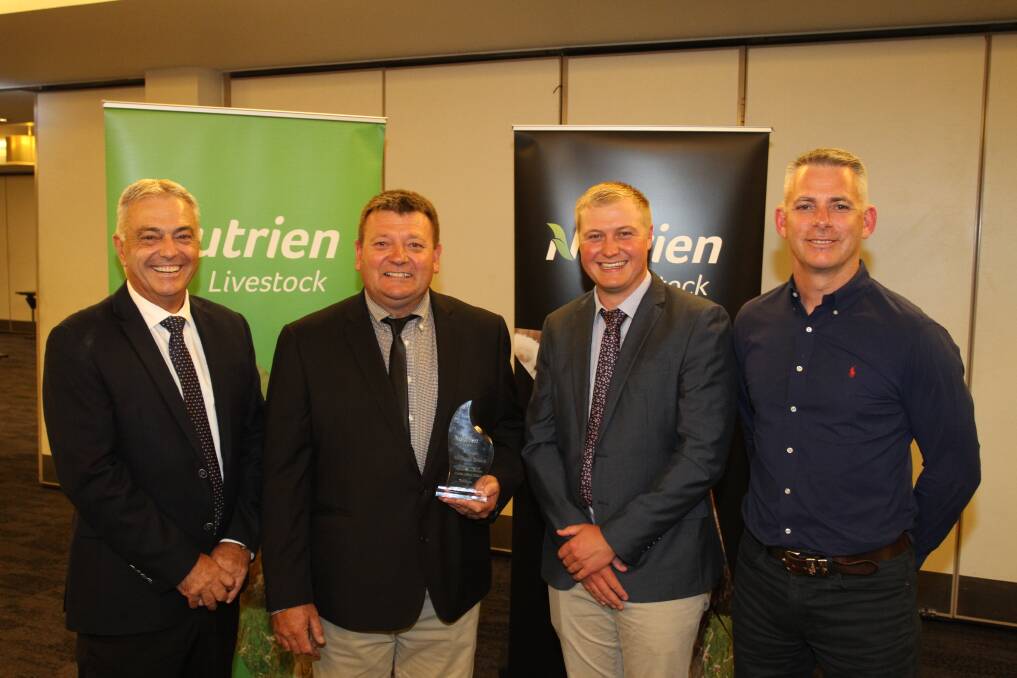 Mr Giglia (left), congratulated Manjimup representatives Brett Chatley and Laurence Grant on their recognition award for their cattle transactions in the past year, with Mr Clayton.