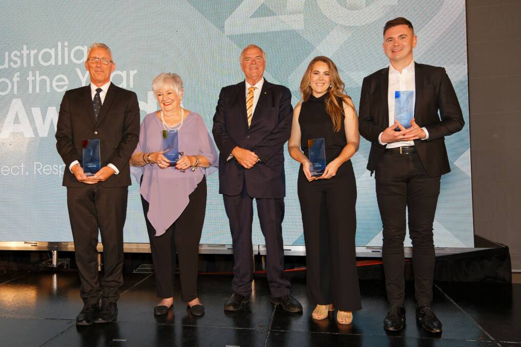 WA Australian of the Year Paul Litherland (left), WA Senior Australian of the Year Janice Standen, WA governor Kim Beazley, WA Young Australian of the Year Kendall Whyte and 2022 WA Local Hero Craig Hollywood at the awards presentation last Thursday night. Photo by NADC/Salty Dingo.